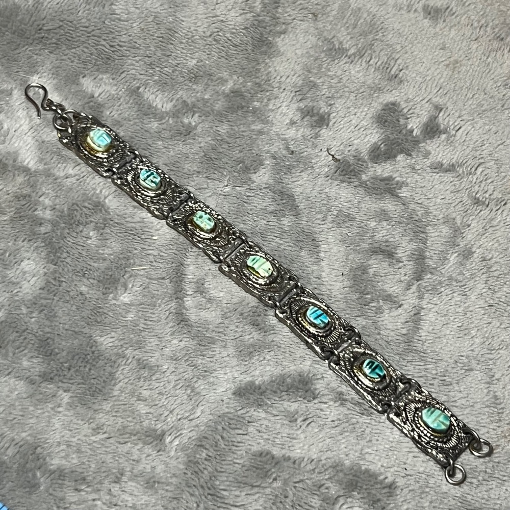 Vintage Scarab Panel Bracelet Faux Turquoise Egyptian Revival Boho Jewelry